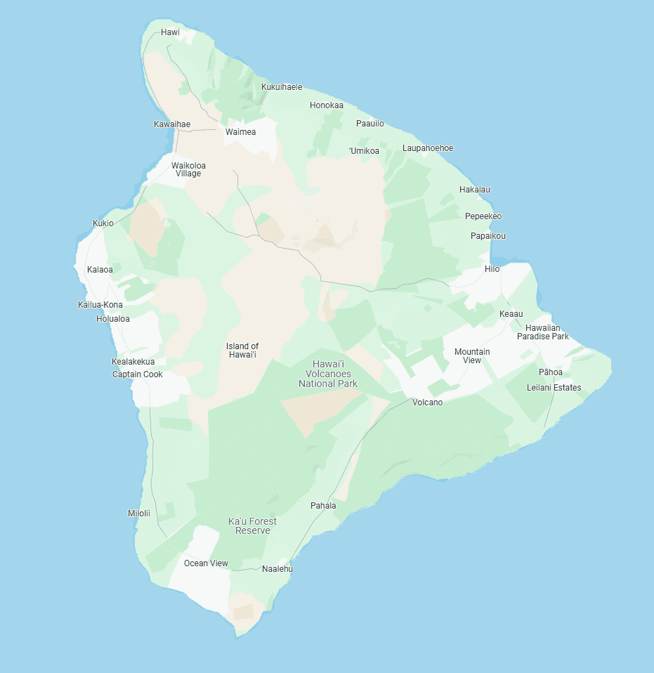 Service area of Kona Sun Cleaning including South Kona, North Kona, Waikaloa, Waimea, Kailua Kona, and surrounding areas on Big Island of Hawaii